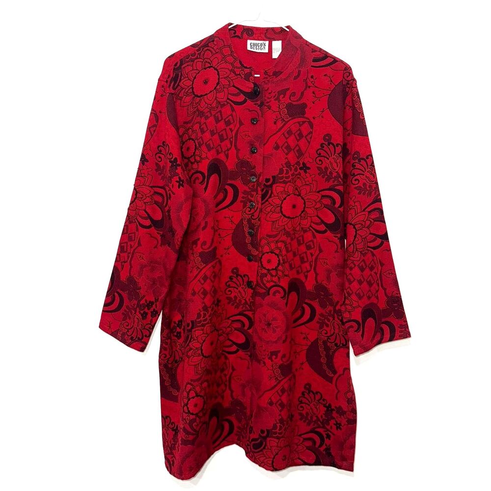 Vintage Chicos Beaded Long Line Mandarin Collar Jacket - Red/Black Paisley 2/12